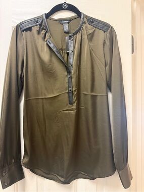 Express Olive Green Long-Sleeve Henley Blouse with Faux-Leather Trim